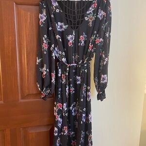 Black Floral Long Sleeve Maxi Dress with Waist Tie